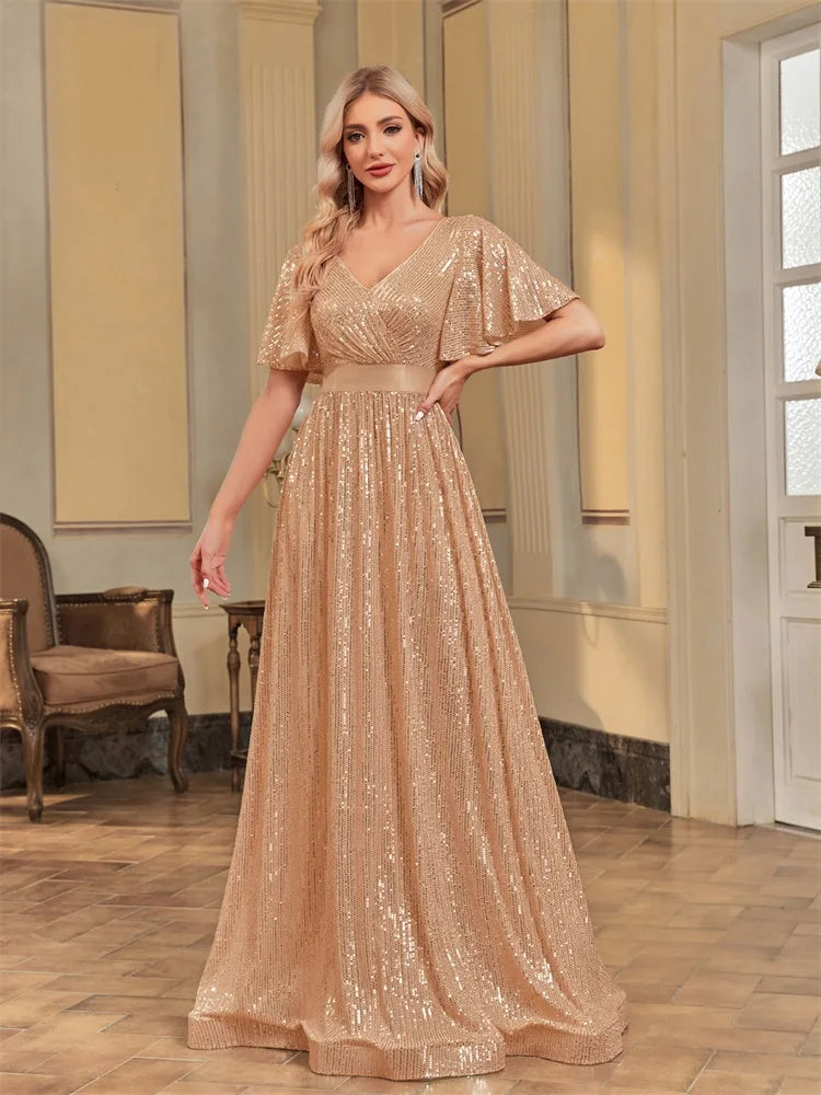 Plus Size Luxury V-Neck Short Sleeves Formal Evening Dress | XUIBOL