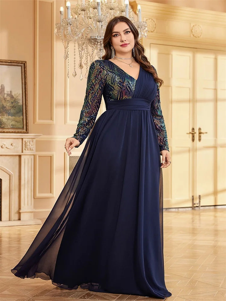 Plus Size Luxury Chiffon Long Sleeve Evening Dresses | XUIBOL