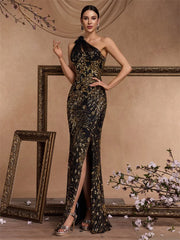 Elegant Oblique shoulder Slit Evening Dress