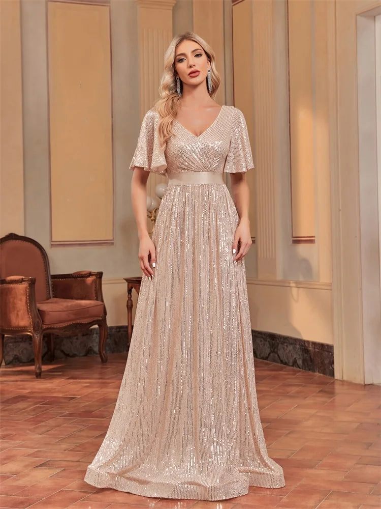 Plus Size Luxury V-Neck Short Sleeves Formal Evening Dress | XUIBOL