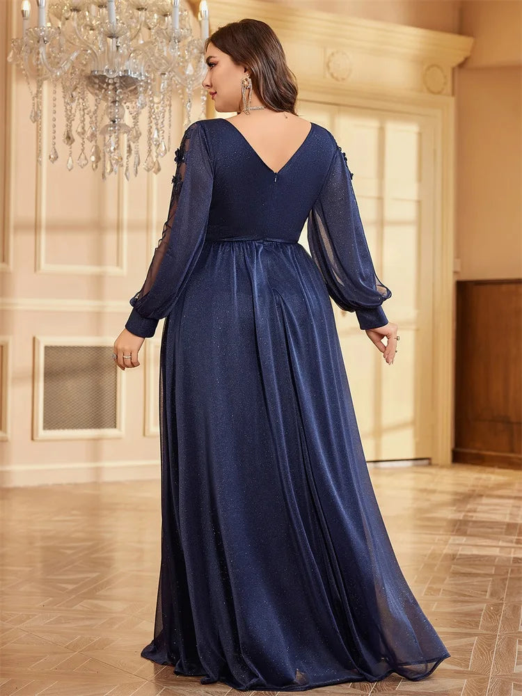 Plus Size Long Sleeves Sparkle Bling Bling Floor Length Split Evening Dress | XUIBOL