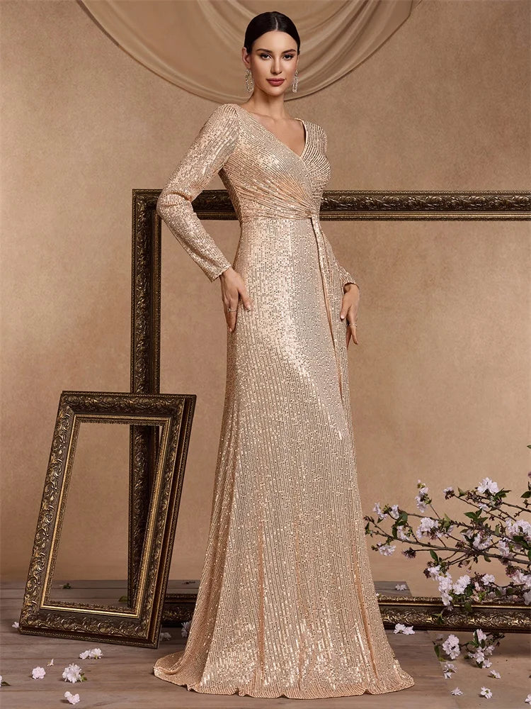 XUIBOL Luxury Long Sleeve V-Neck Evening Dress Women Wedding Party Sequins For Female Guests Red Prom Cocktail Dresses