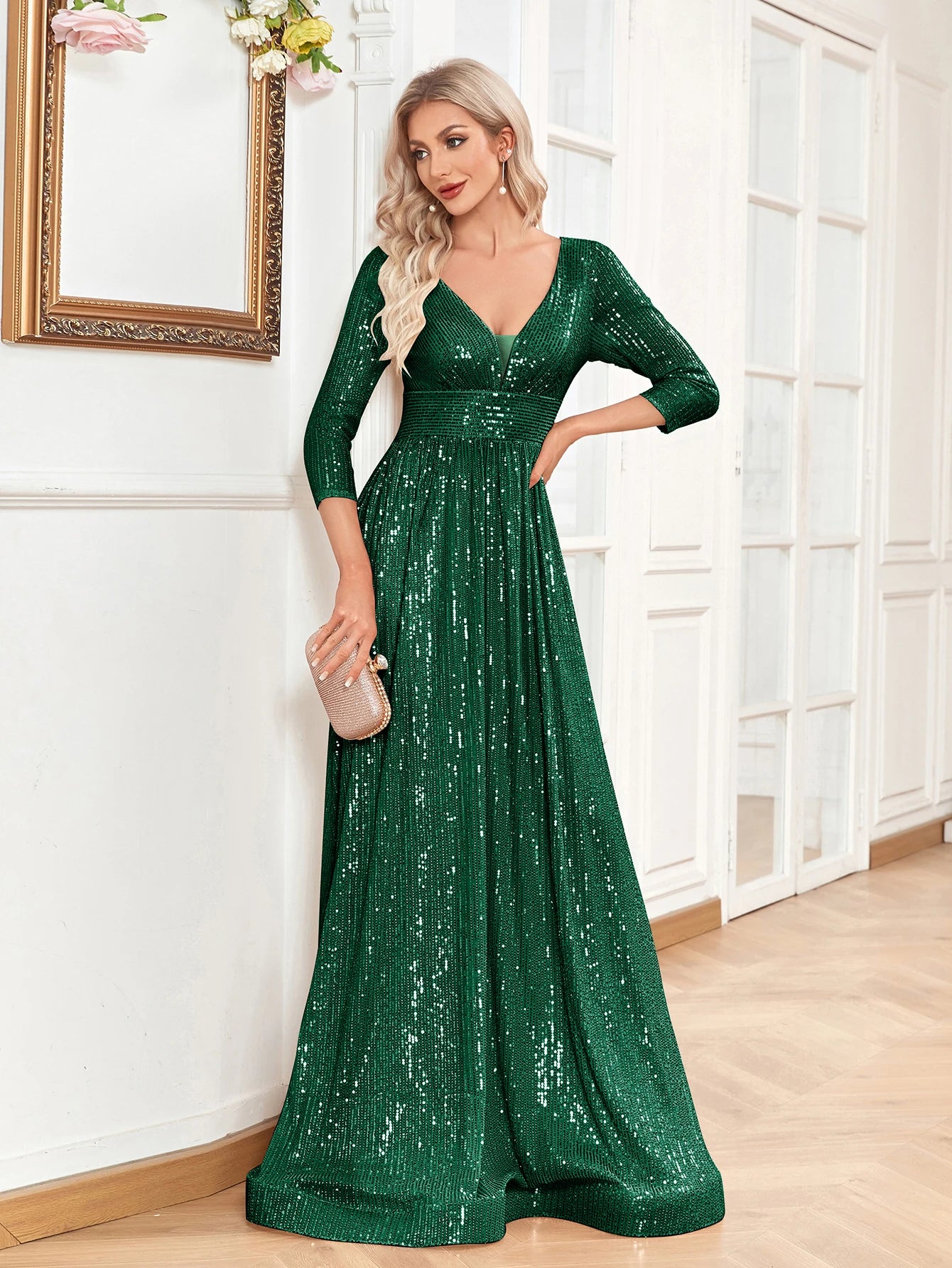 XUIBOL Elegant Sexy Deep V-Neck Sequins Evening Dress Luxury Women Long Sleeves Dress Wedding Party Cocktail Gown Gold Prom