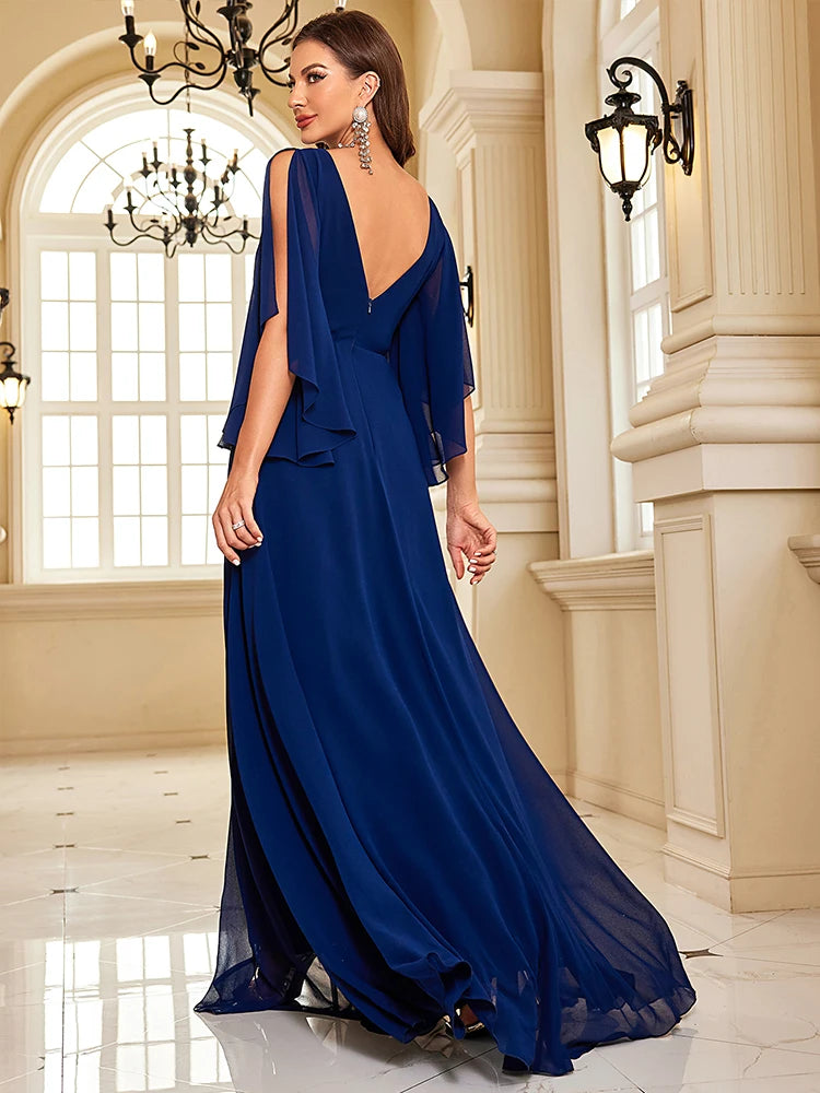 Chiffon Long Sleeve Navy Evening Dress Sexy High Split Women Dress | XUIBOL