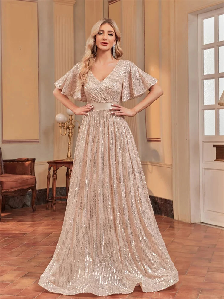 Plus Size Luxury V-Neck Short Sleeves Formal Evening Dress | XUIBOL