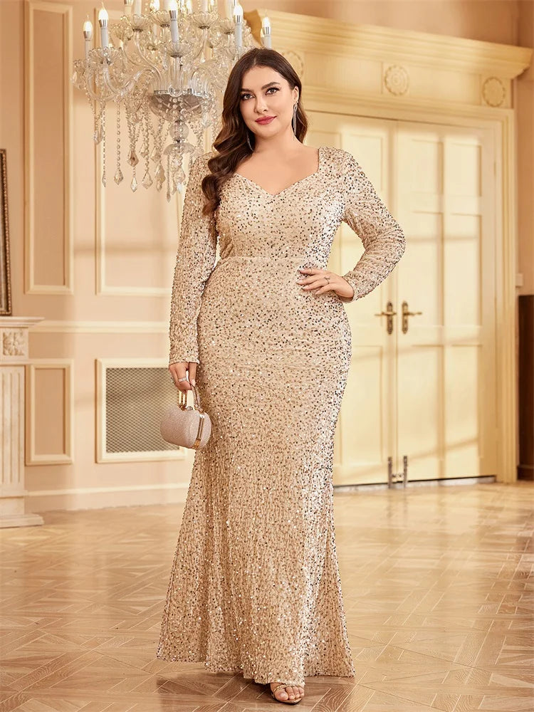 Plus Size Gold Stretch Sequin Floor Length Evening Dress | XUIBOL