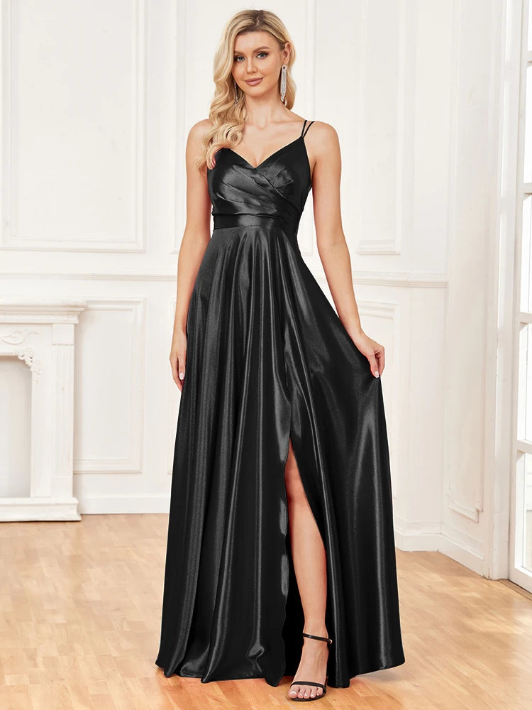 V-Neck Satin Sleeveless Blue Formal Evening Dress | XUIBOL