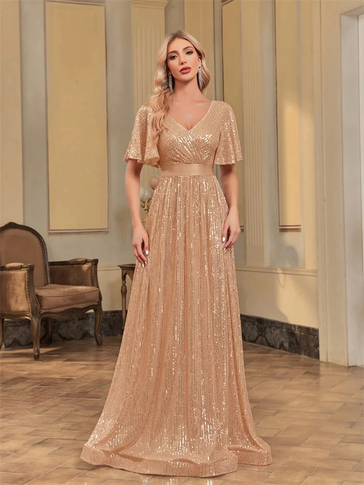 Plus Size Luxury V-Neck Short Sleeves Formal Evening Dress | XUIBOL