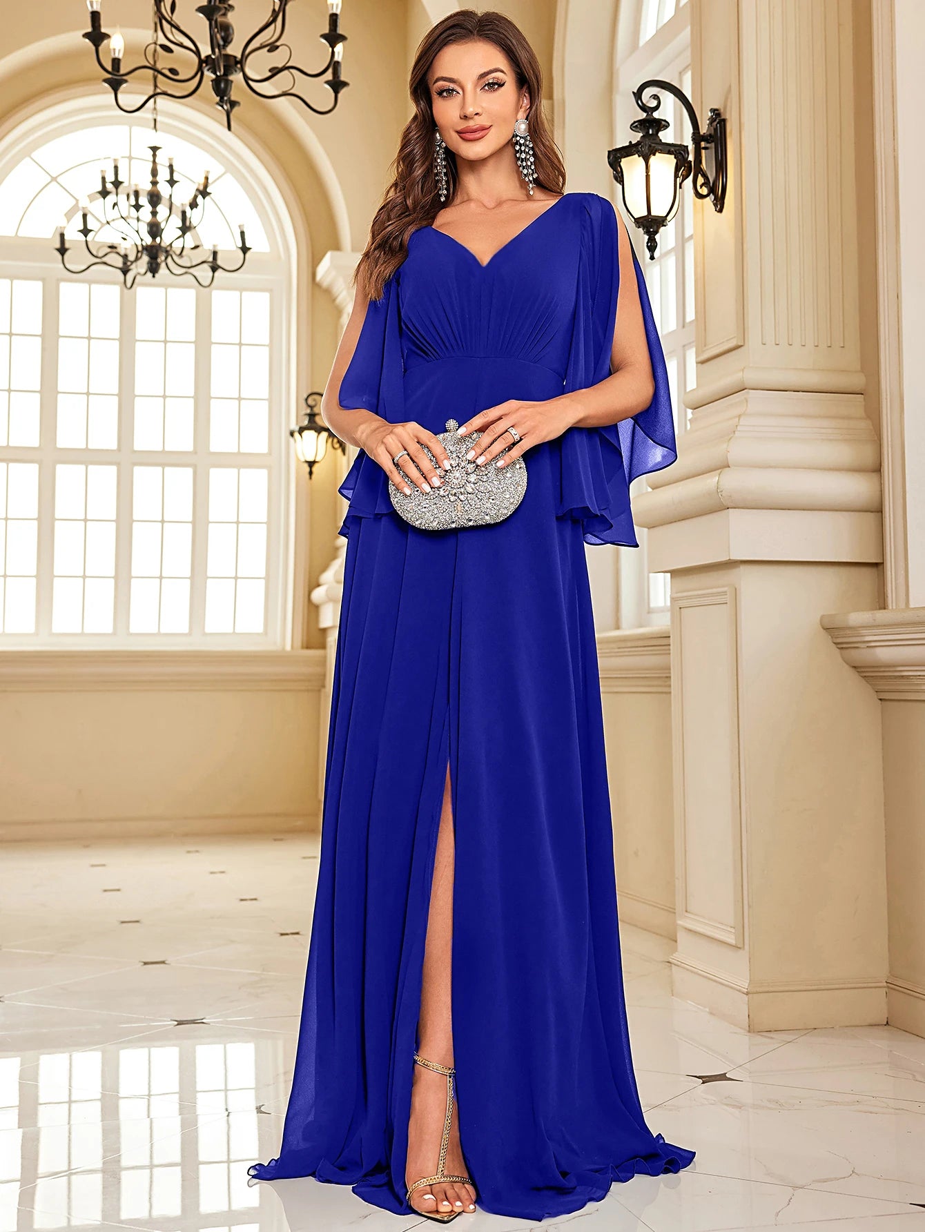 Chiffon Long Sleeve Navy Evening Dress Sexy High Split Women Dress | XUIBOL