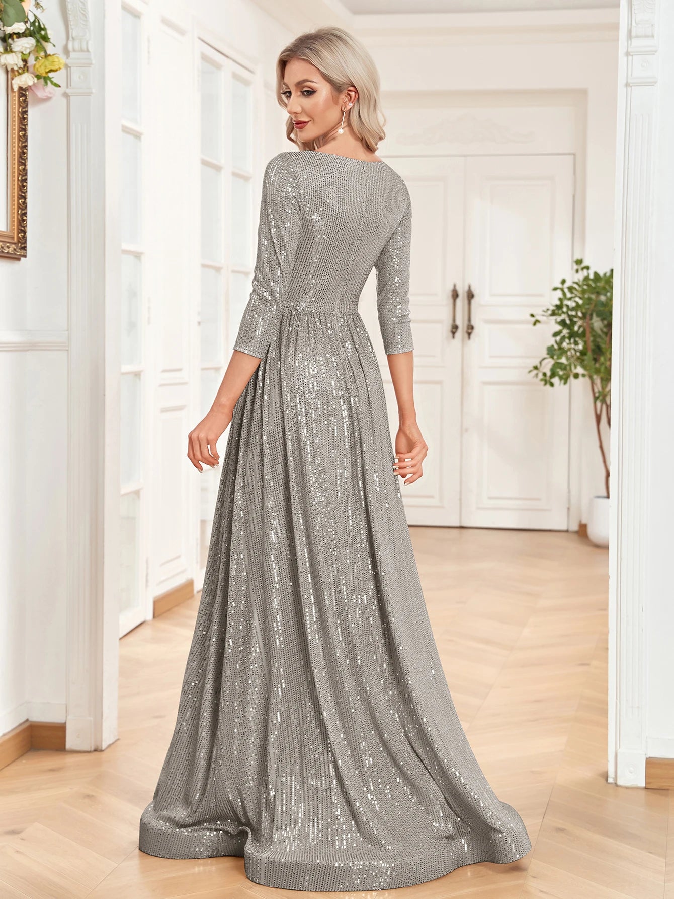 XUIBOL Elegant Sexy Deep V-Neck Sequins Evening Dress Luxury Women Long Sleeves Dress Wedding Party Cocktail Gown Gold Prom