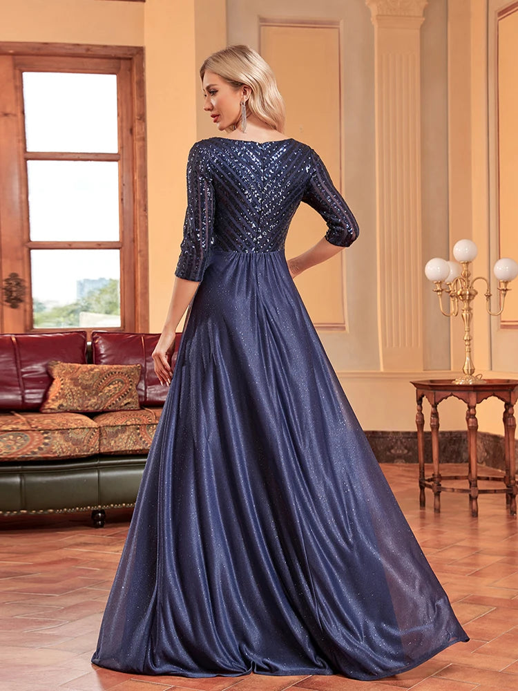 Plus Size Luxury Prom Dress Long V Neck A-Line Sequin With 3/4 Sleeve Blue Bridesmaid dress | XUIBOL