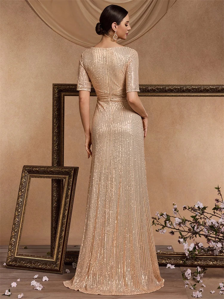 XUIBOL Luxury Floor Length Short Sleeves V-Neck Sequin Evening Dress Women Party Maxi Dress Long Formal Prom Cocktail Dress