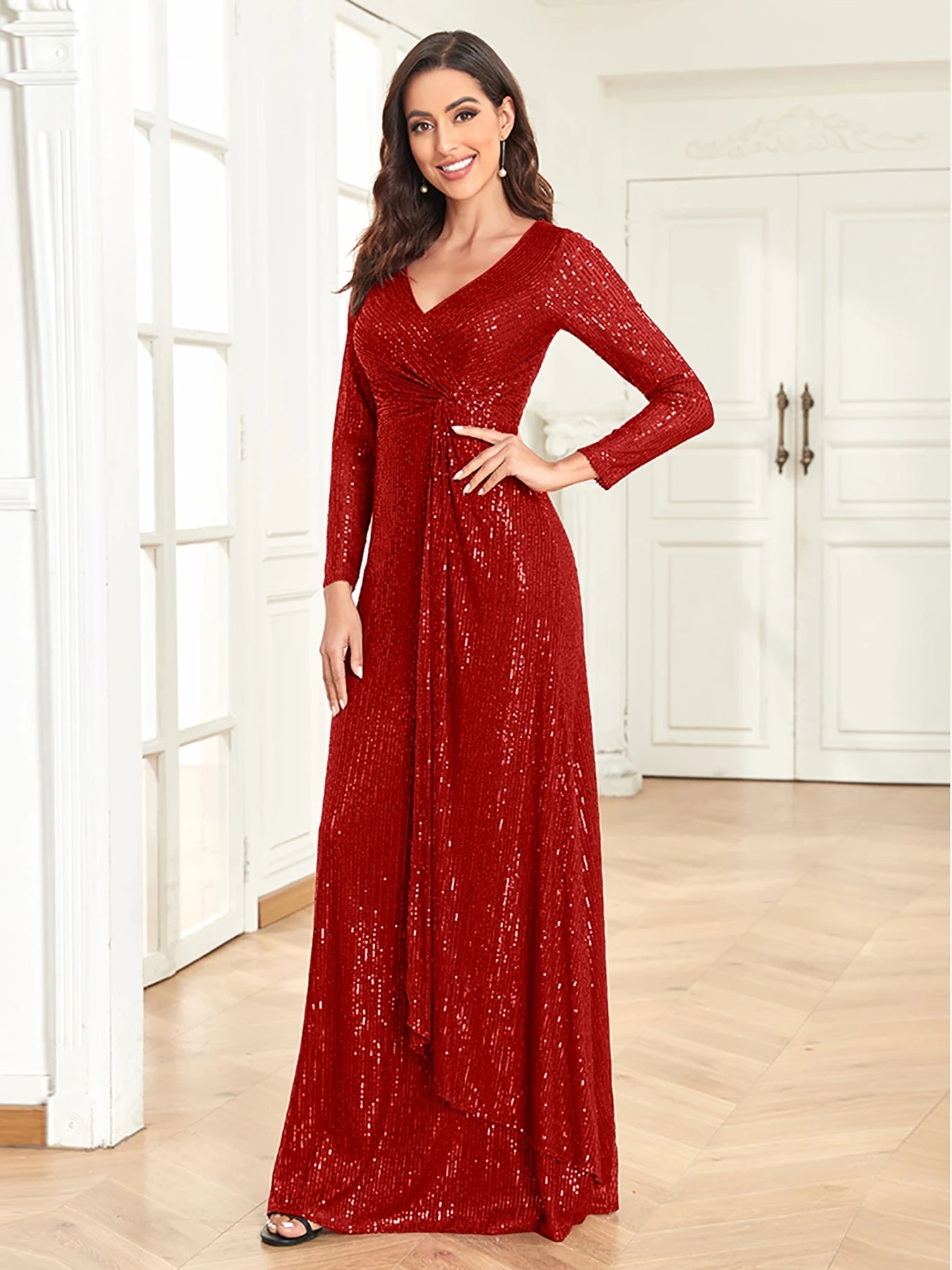 XUIBOL Luxury Long Sleeve V-Neck Evening Dress Women Wedding Party Sequins For Female Guests Red Prom Cocktail Dresses