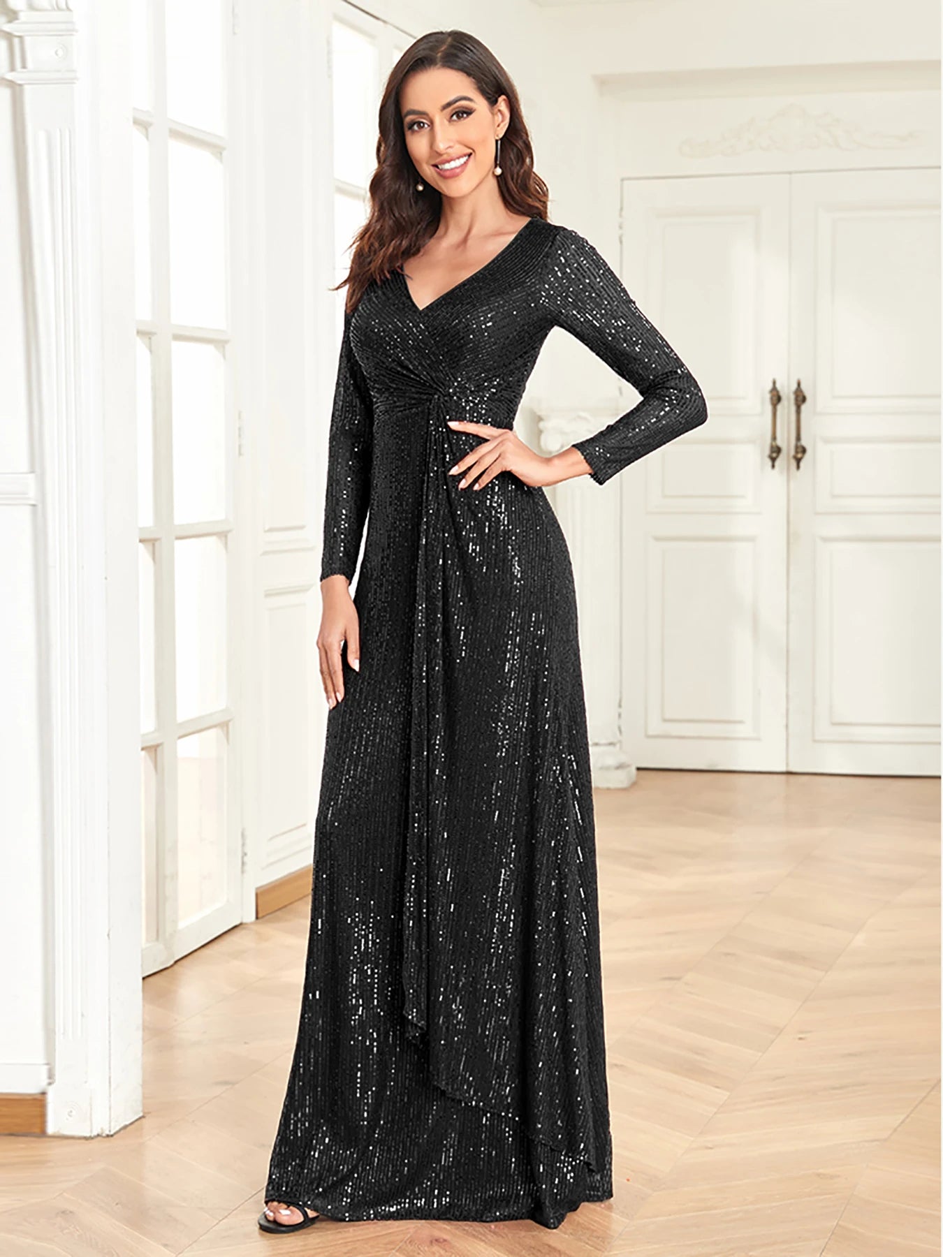XUIBOL Luxury Long Sleeve V-Neck Evening Dress Women Wedding Party Sequins For Female Guests Red Prom Cocktail Dresses