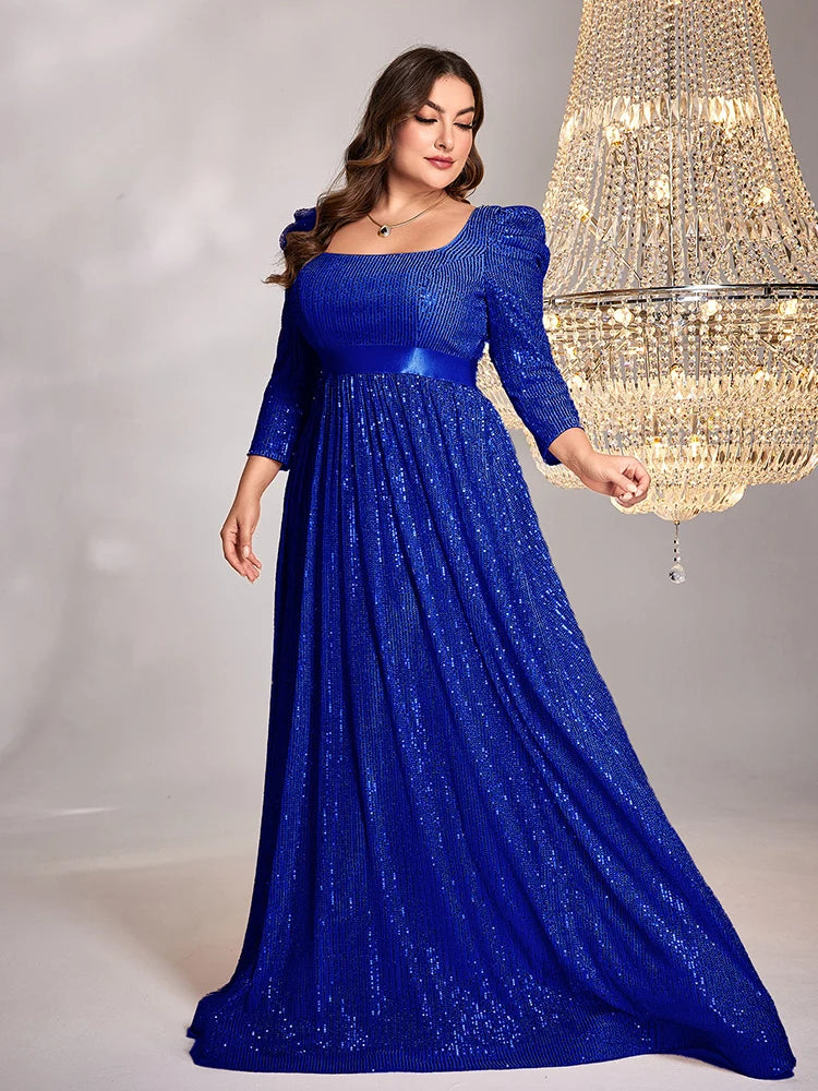 Plus Size Luxury Blue V-Neck Long sleeve Sequin Evening Dresses | XUIBOL