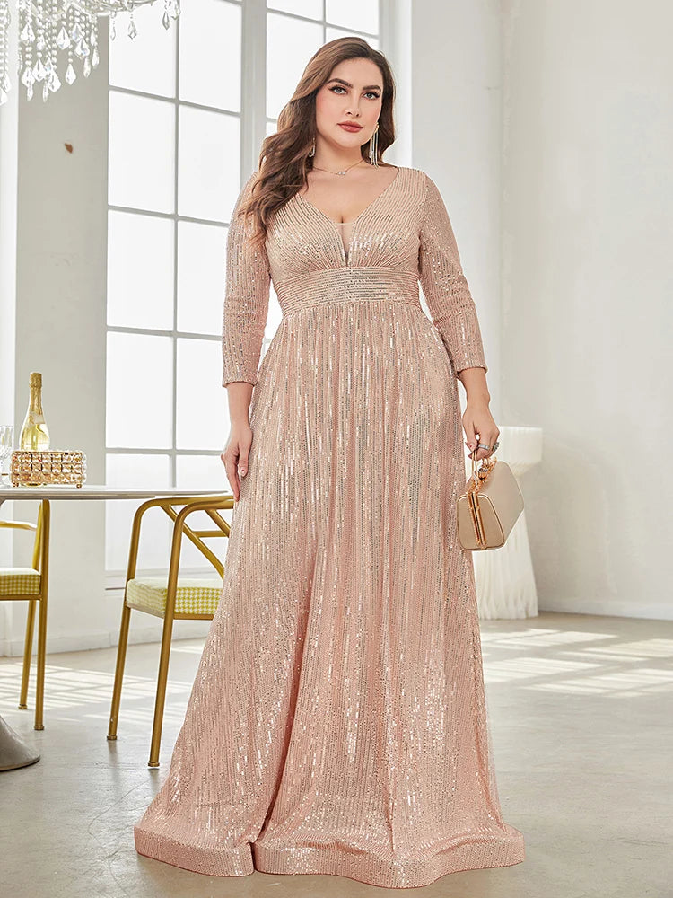 Plus Size Luxury V-Neck Long Sleeves Sequins Evening Dress | XUIBOL