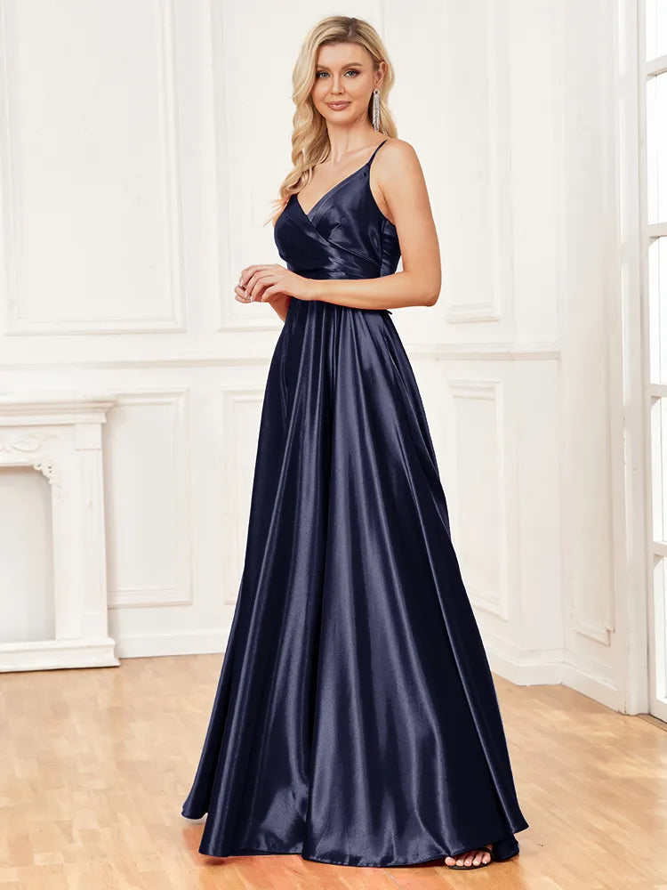 V-Neck Satin Sleeveless Blue Formal Evening Dress | XUIBOL