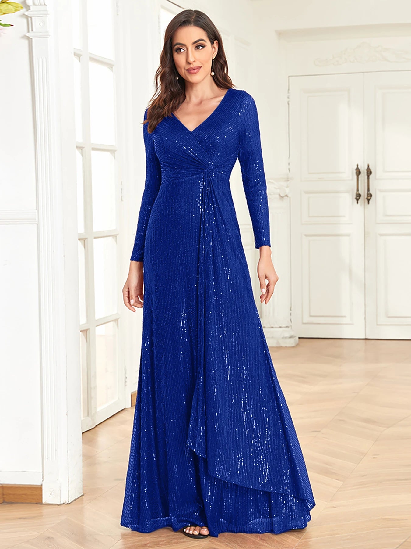 XUIBOL Luxury Long Sleeve V-Neck Evening Dress Women Wedding Party Sequins For Female Guests Red Prom Cocktail Dresses