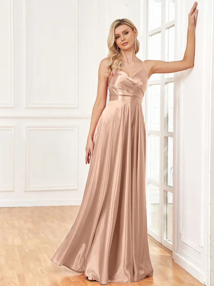 V-Neck Satin Sleeveless Blue Formal Evening Dress | XUIBOL