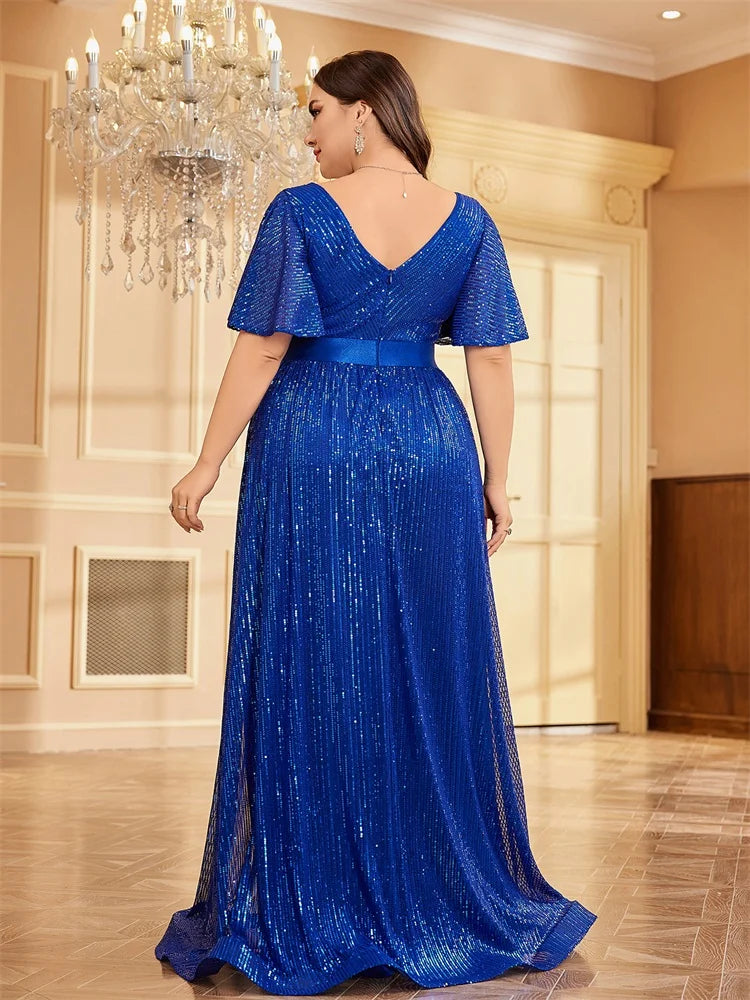 Plus Size Luxury V-Neck Short Sleeves Formal Evening Dress | XUIBOL