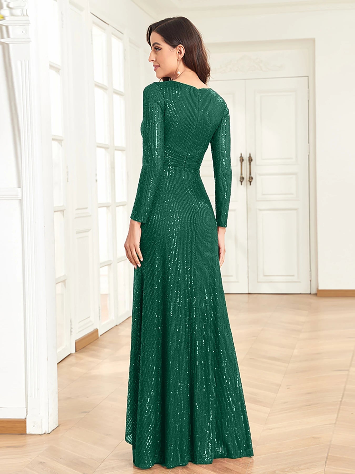 XUIBOL Luxury Long Sleeve V-Neck Evening Dress Women Wedding Party Sequins For Female Guests Red Prom Cocktail Dresses