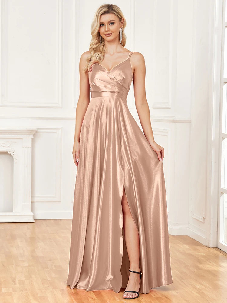 V-Neck Satin Sleeveless Blue Formal Evening Dress | XUIBOL