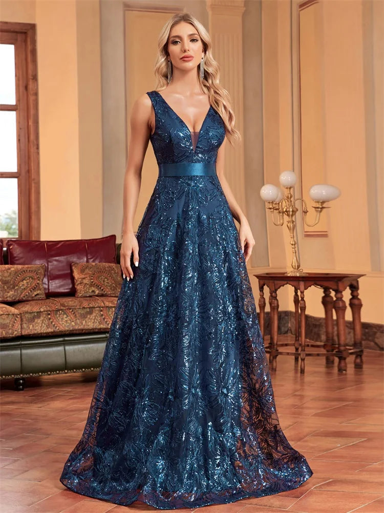 XUIBOL | Luxury Sexy Deep V-Neck Flower Sequins Blue Evening Dress Women Elegant V-back Wedding Party Long Prom Cocktail Dresses