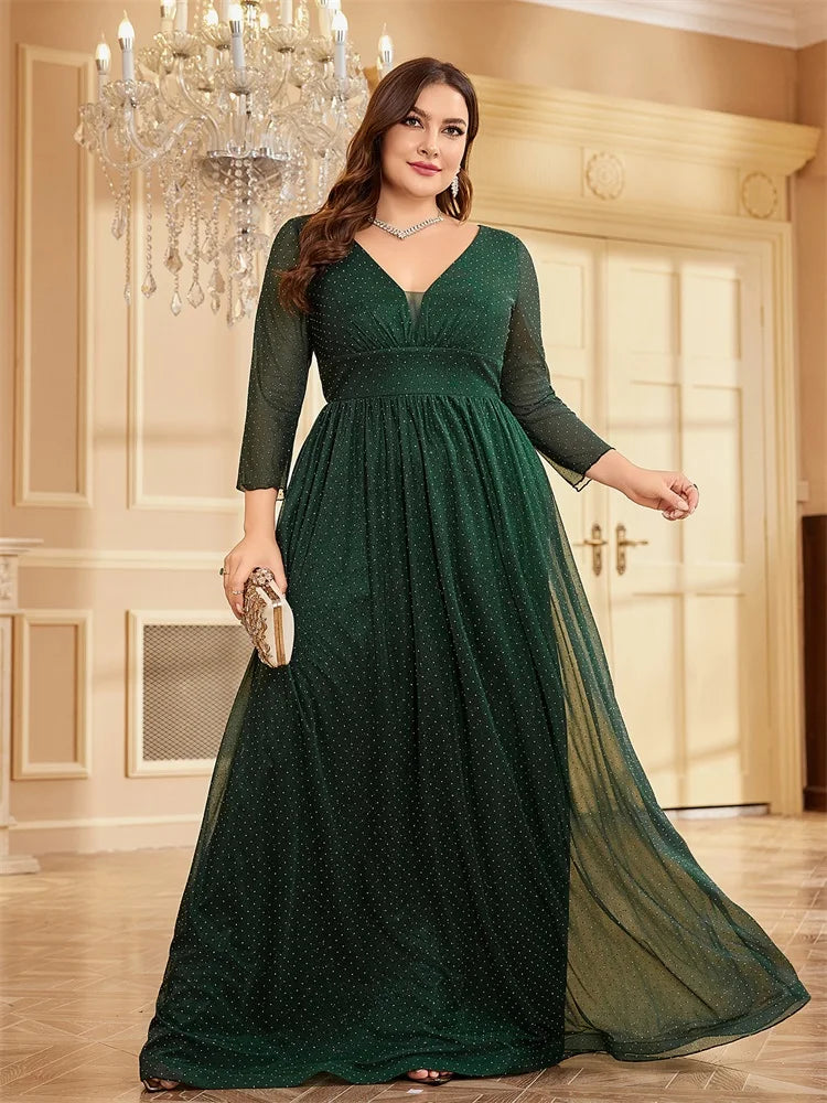 Plus Size Elegant Blue Chiffon V-Neck Evening Dress | XUIBOL