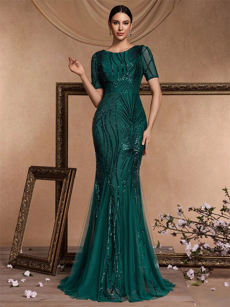 XUIBOL | Elegant Short Sleeves Sequins Gold Formal Evening Dress Women  Luxury Mermaid Bridesmaid Party Maxi Prom Gowns