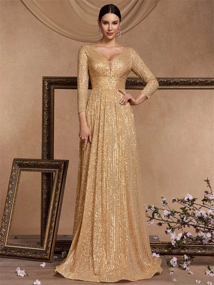 XUIBOL Elegant Sexy Deep V-Neck Sequins Evening Dress Luxury Women Long Sleeves Dress Wedding Party Cocktail Gown Gold Prom