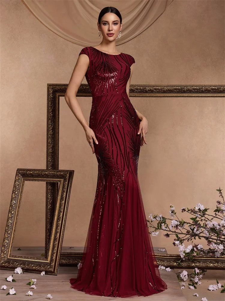 XUIBOL Luxury Sequin Prom Dress Women Elegant Sleeveless Bodycon Red Mermaid Evening Party Floor-length Dress Cocktail Gown