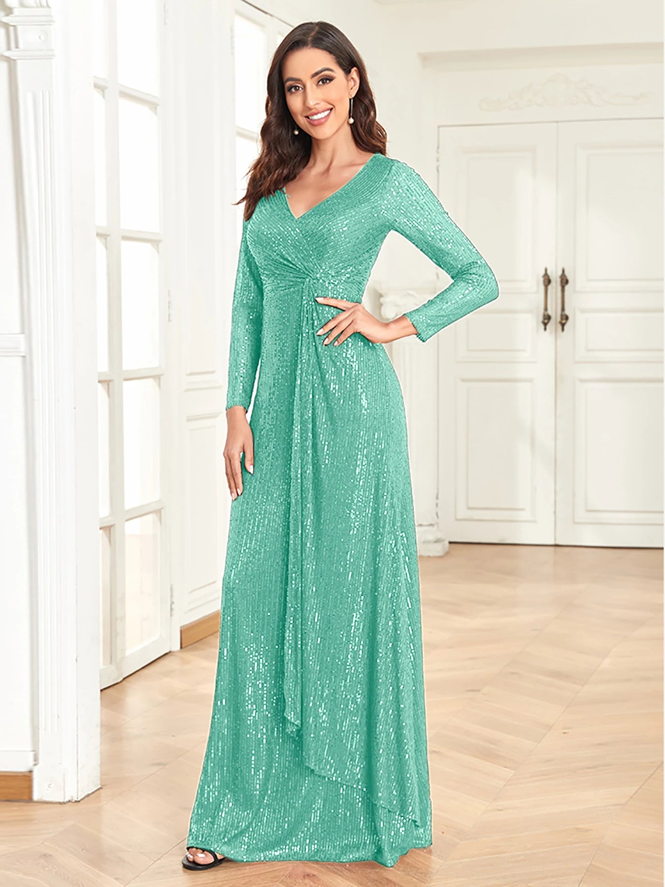 XUIBOL Luxury Long Sleeve V-Neck Evening Dress Women Wedding Party Sequins For Female Guests Red Prom Cocktail Dresses