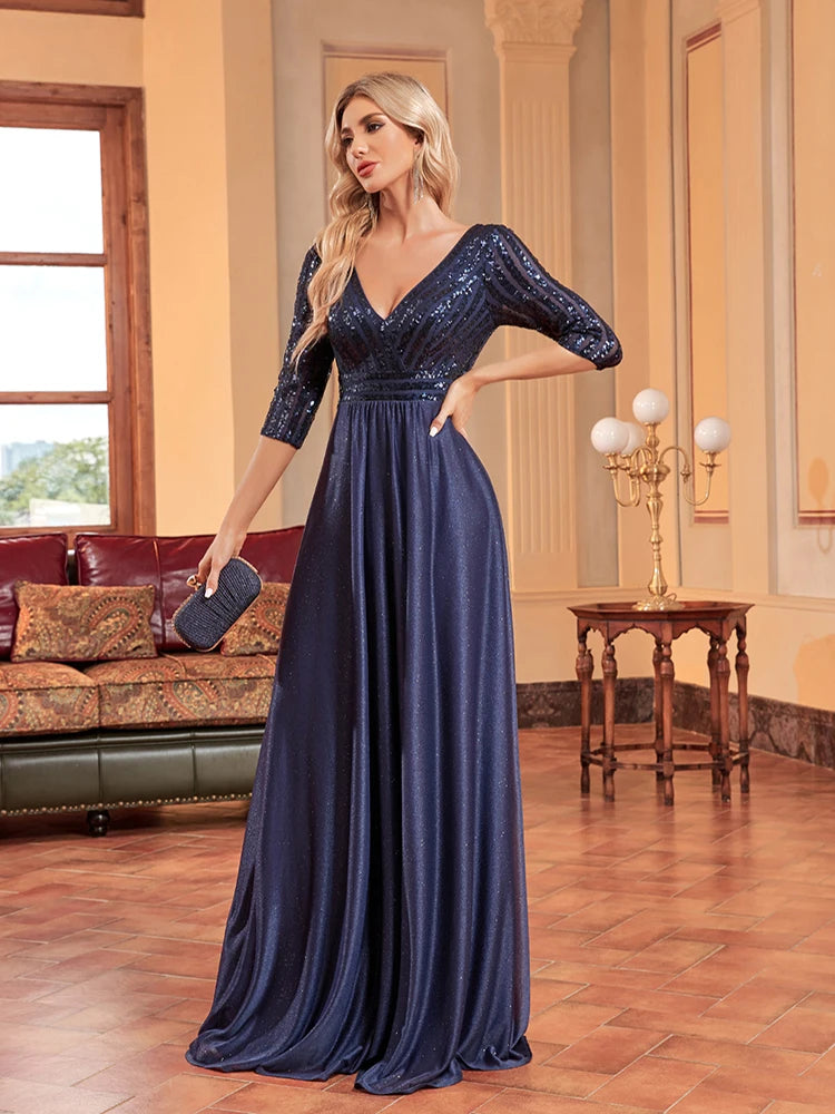 Plus Size Luxury Prom Dress Long V Neck A-Line Sequin With 3/4 Sleeve Blue Bridesmaid dress | XUIBOL