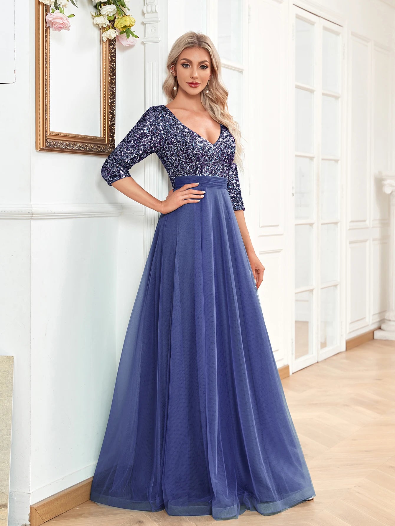XUIBOL | Elegant V-Neck Long Sequin Blue Evening Dress 2024 Women Mermaid Formal Dress Long Sleeves Wedding Party Maxi Prom Dress