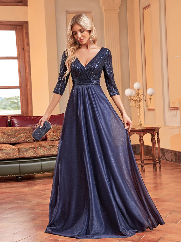 Plus Size Luxury Prom Dress Long V Neck A-Line Sequin With 3/4 Sleeve Blue Bridesmaid dress | XUIBOL
