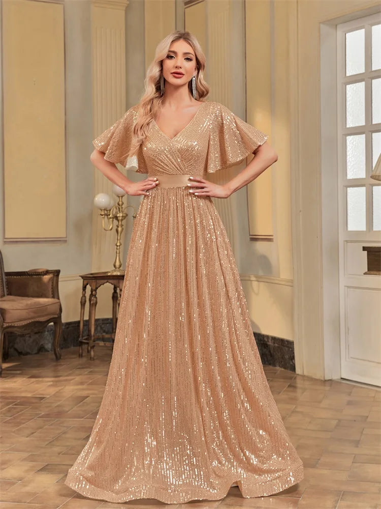 Plus Size Luxury V-Neck Short Sleeves Formal Evening Dress | XUIBOL