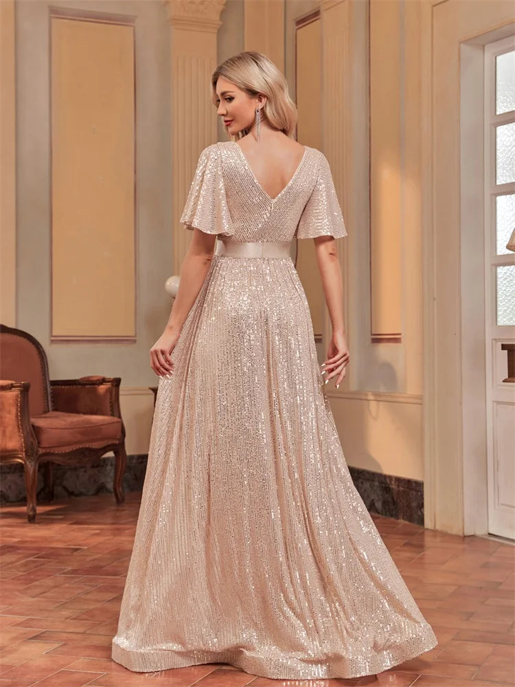 Plus Size Luxury V-Neck Short Sleeves Formal Evening Dress | XUIBOL