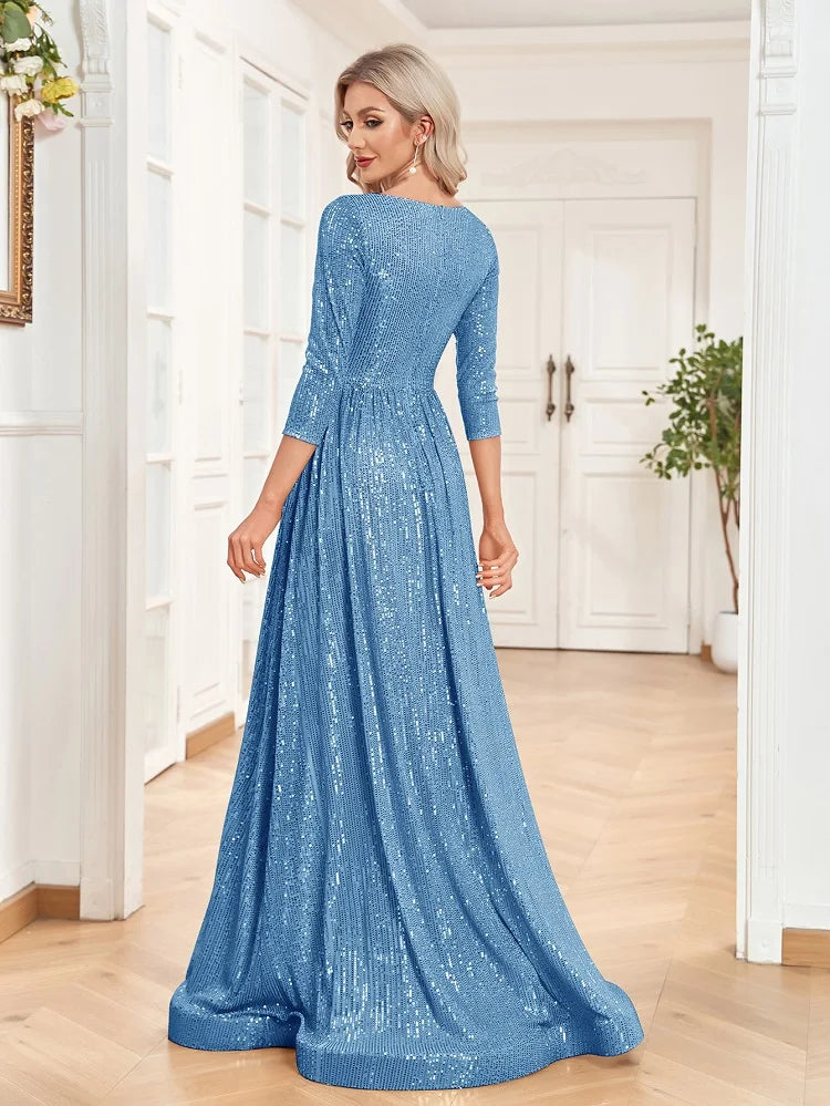 XUIBOL Elegant Sexy Deep V-Neck Sequins Evening Dress Luxury Women Long Sleeves Dress Wedding Party Cocktail Gown Gold Prom