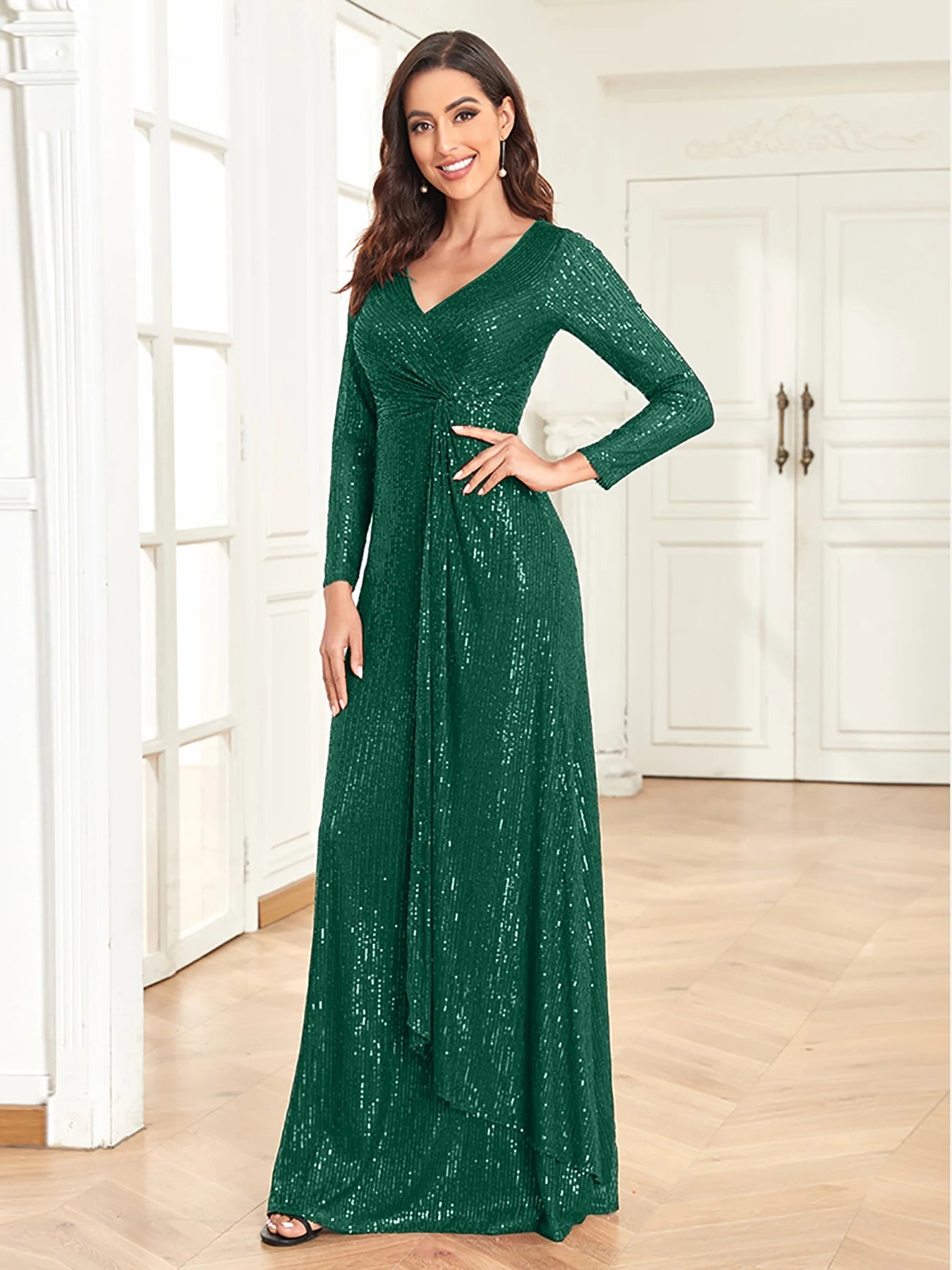 XUIBOL Luxury Long Sleeve V-Neck Evening Dress Women Wedding Party Sequins For Female Guests Red Prom Cocktail Dresses