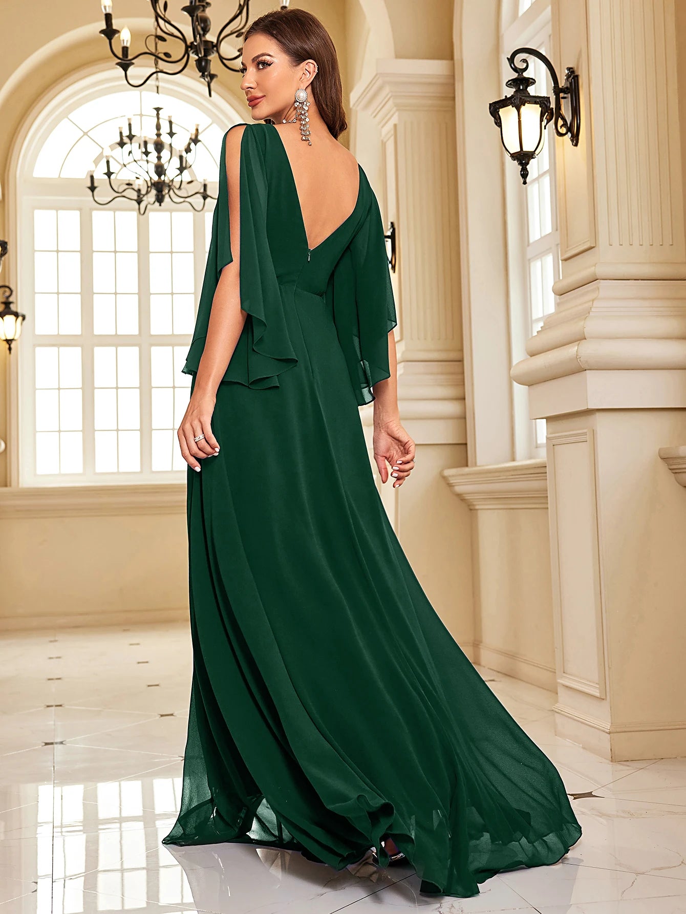 Chiffon Long Sleeve Navy Evening Dress Sexy High Split Women Dress | XUIBOL