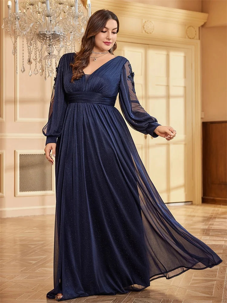 Plus Size Long Sleeves Sparkle Bling Bling Floor Length Split Evening Dress | XUIBOL