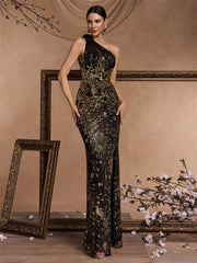 Elegant Oblique shoulder Slit Evening Dress