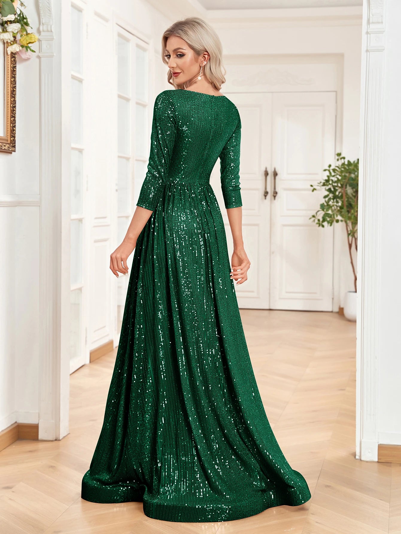 XUIBOL Elegant Sexy Deep V-Neck Sequins Evening Dress Luxury Women Long Sleeves Dress Wedding Party Cocktail Gown Gold Prom