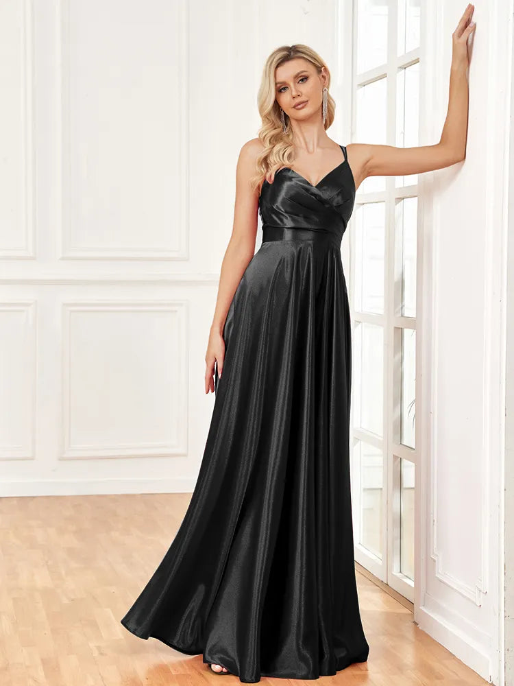 V-Neck Satin Sleeveless Blue Formal Evening Dress | XUIBOL
