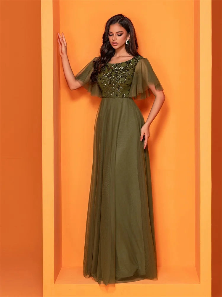 XUIBOL Luxury Green Sequins Formal Evening Dress Women Elegant O-Neck Mermaid Prom Dress Short Sleeves Long Gowns