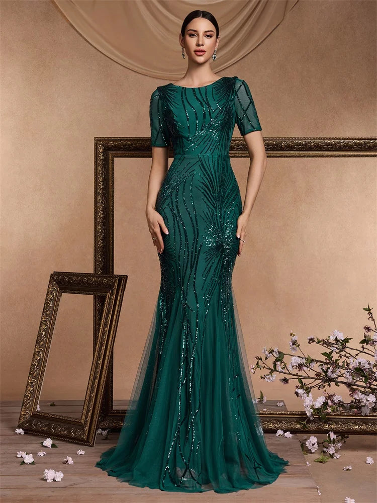 XUIBOL | Elegant Short Sleeves Sequins Gold Formal Evening Dress Women  Luxury Mermaid Bridesmaid Party Maxi Prom Gowns