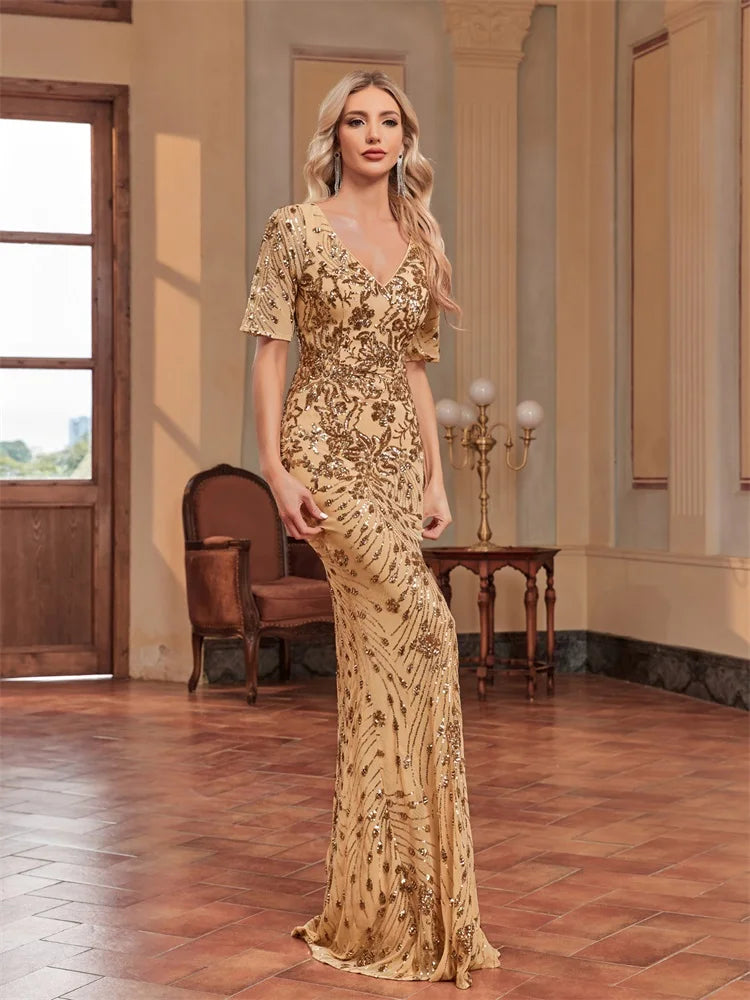 Plus Size Elegant Vneck Sequins Evening Dress | XUIBOL