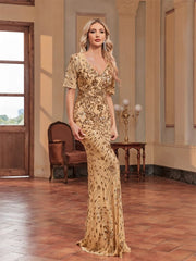Plus Size Elegant Vneck Sequins Evening Dress