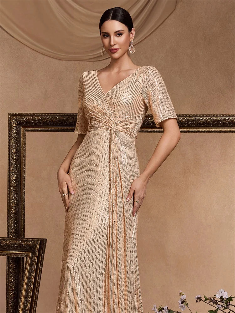XUIBOL Luxury Floor Length Short Sleeves V-Neck Sequin Evening Dress Women Party Maxi Dress Long Formal Prom Cocktail Dress