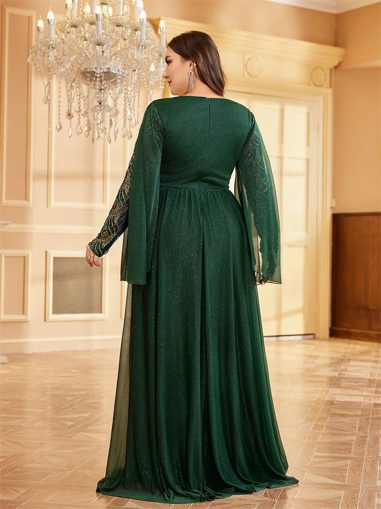Plus Size Long Sleeves Sequin Floor Length Green Evening Dress | XUIBOL